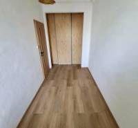 A hallway in a 4-room apartment with a wooden decor floor and a built-in wardrobe.
