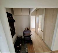 A hallway with a mirrored wardrobe and a wooden decor floor in a 4-room apartment.