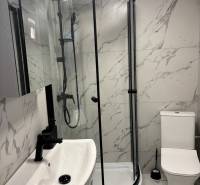Bathroom of a family house with marble tiles, a shower corner, and a sink.