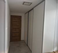 A hallway in a family house with a sliding wardrobe and wooden doors.