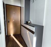 Interior of a 1-room apartment with a wooden decor floor and built-in wardrobes.