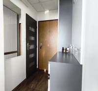 A hallway with a wooden decor floor and white furniture in a studio apartment.
