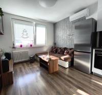 Living room of a one-bedroom apartment with a wooden decor floor, a sofa, and kitchen appliances.