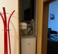 A water heater in the closet next to the red hanger in a 3-room apartment.