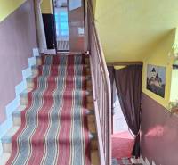 In the interior of the family house, there are stairs with a colorful carpet and curtains.