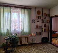 A room in a family house with a bookshelf, green curtains, plants, and candlesticks.