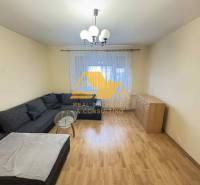 Living room in a 3-room apartment with a corner sofa and a wooden decor floor.
