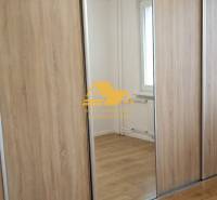 Built-in wardrobe with mirror and floor with wood decor in a 2-room apartment.