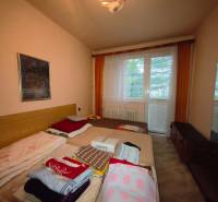 Bedroom in a 3-room apartment with a bed, a painting, and a large window with a view.