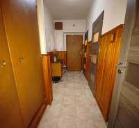 A hallway with wooden paneling and built-in wardrobes in a 3-room apartment.