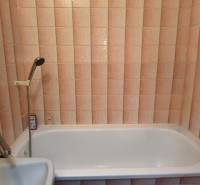A bathroom in a 3-room apartment with pink tiles and a bathtub.