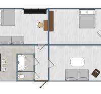 Floor plan of a 3-room apartment: two bedrooms, living room, kitchen, and bathroom.