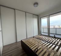 Bedroom in a 2-room apartment with a large built-in wardrobe and a balcony, floor with wood decor.
