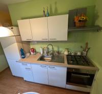 A kitchen in a studio apartment with white cabinets and a wood-patterned floor.