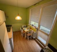 A kitchen in a studio apartment with a table and chairs, wooden decor flooring.