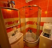 A bathroom in a studio apartment with orange tiles, a shower, and a sink.