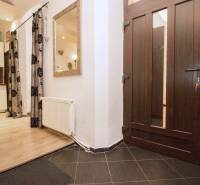 In the 2-room apartment, there is an entrance hallway with a wooden decor floor and an open kitchen.