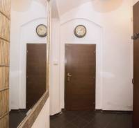 Entrance hallway in a 2-room apartment with dark tiles and a mirror.