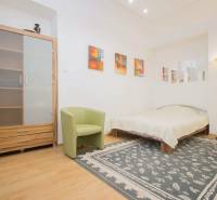 Bedroom in a two-room apartment with a wooden decor floor, carpet, and bed.