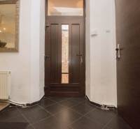 Entrance hallway with dark doors, a mirror, and a radiator in a 2-room apartment.