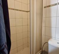 Bathroom in a studio apartment with a shower and a toilet, tiled with white tiles.