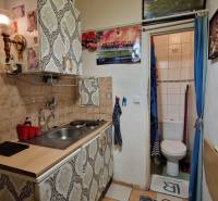 A kitchenette in a studio apartment with wallpaper and tiles, next to the toilet, the wall is decorated with photographs.