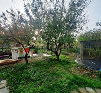 The garden at the cottage in Pozdišovce with a small house, swing, and trampoline.