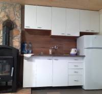 A kitchenette in a cabin with wooden decor and a wood-burning stove.