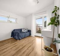 A room in a family house with a sofa, windows, and a wooden decor floor.