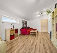 Living room in a family house with a red sofa and a wooden decor floor.