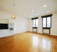 Living area in a 2-room apartment with a kitchen unit and a wooden decor floor.