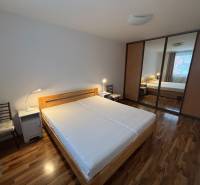 Bedroom with a bed, wardrobe with sliding doors, and floor with wood decor.