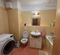 A bathroom with light tiles and a washing machine in a 2-room apartment.
