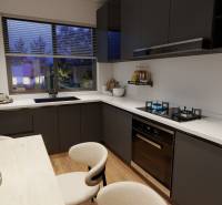 A kitchen with wood-patterned flooring, black furniture, and a countryside view.
