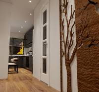 Hallway with wood-patterned flooring, decorative panel, and view of the kitchen in a 3-room apartment.