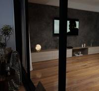 Interior of a 3-room apartment with decorative walls, wood decor, and stylish accessories.