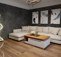 Spacious living area in a 3-room apartment with a white sofa and wooden decor flooring.