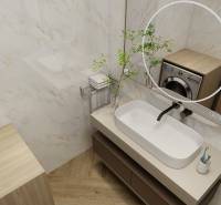 Bathroom in a 3-room apartment with a washing machine, sink, and floor with wooden decor.