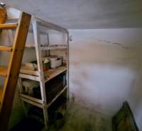 A storage space in a cabin with shelves and a ladder, the floor has cracks.