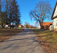 A peaceful street with family houses in Orávka, lined with trees and grassy areas.