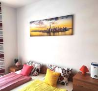 A bedroom in a holiday apartment with colorful pillows and a panorama painting.