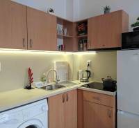 A kitchen in a holiday apartment with wooden decor, appliances, and a sink.