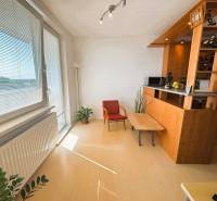 Interior of a 2-room apartment with a wooden decor floor, wooden counter, and light from the window.