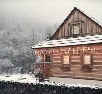A snow-covered cottage on Hviezdoslav Street in Tisovec with winter decorations.