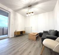 Living room with a sofa, armchair, table, and wooden decor flooring in a 3-room apartment.