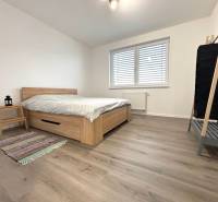 Bedroom in a 3-room apartment with a bed, wooden decor flooring, and simple furniture.