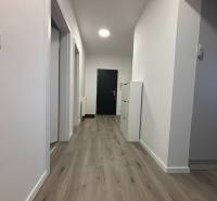 A hallway in a 3-room apartment with a wooden decor floor and white walls.
