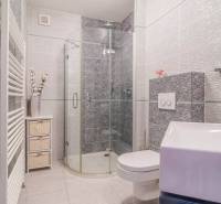A bathroom in a family house with a shower, a toilet, and unique wall tiles.