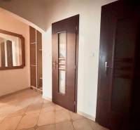 Hallway in a 3-room apartment with tiles, a mirror, and dark doors.