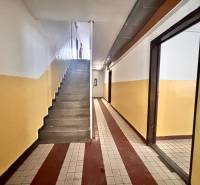 Entrance hallway with tiles in a 3-room apartment, staircase, and colorful walls.